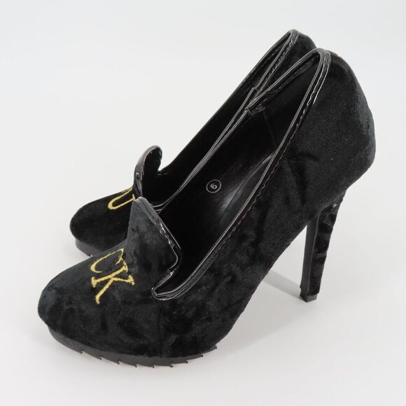 YRU Women 6 F Word Cuss Curse Black Velvet Gold Embroidered High Heels Shoes - Picture 4 of 10